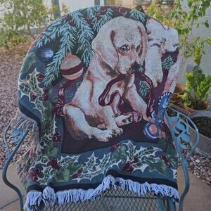 Goodwin Weavers Throw Blanket Dog Tapestry Green Christmas Cottage Vtg 44x65 USA